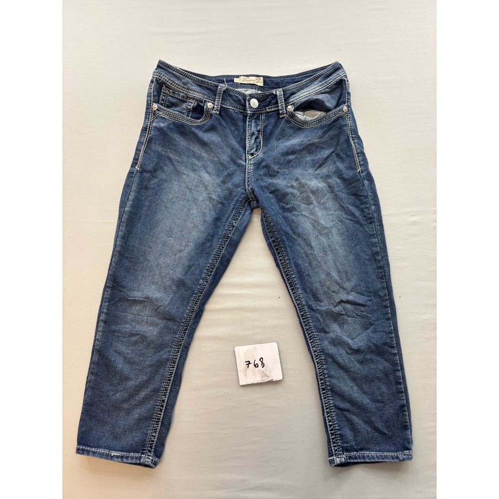 Seven7 Girls Size 10 Medium Wash Crop Jeans Contrast Stitch Embroidered Pockets